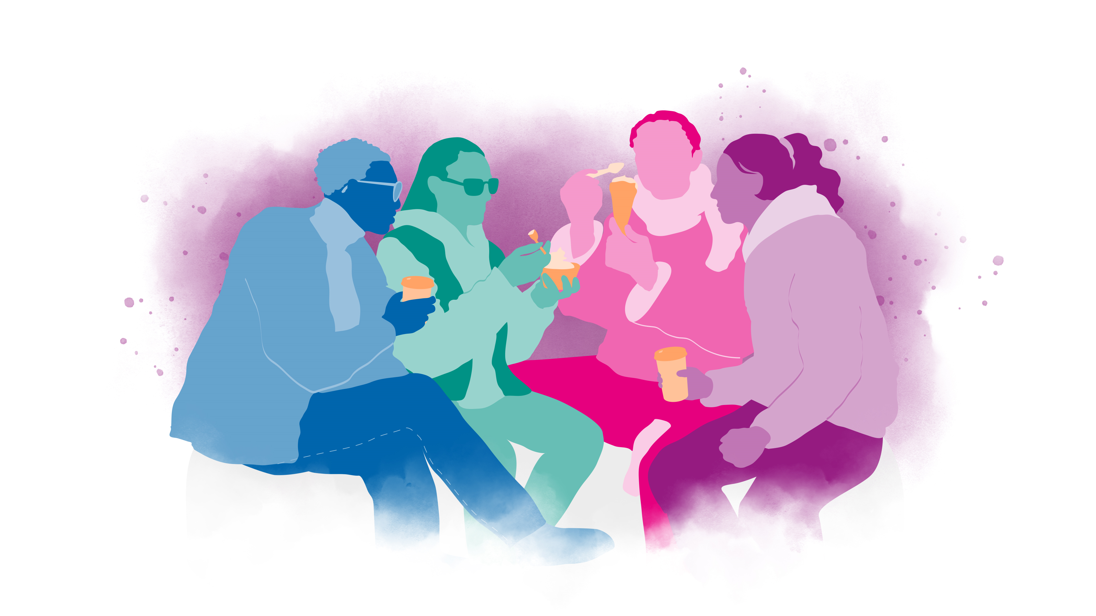 En bild som visar fyra personer som sitter och fikar tillsammans. 