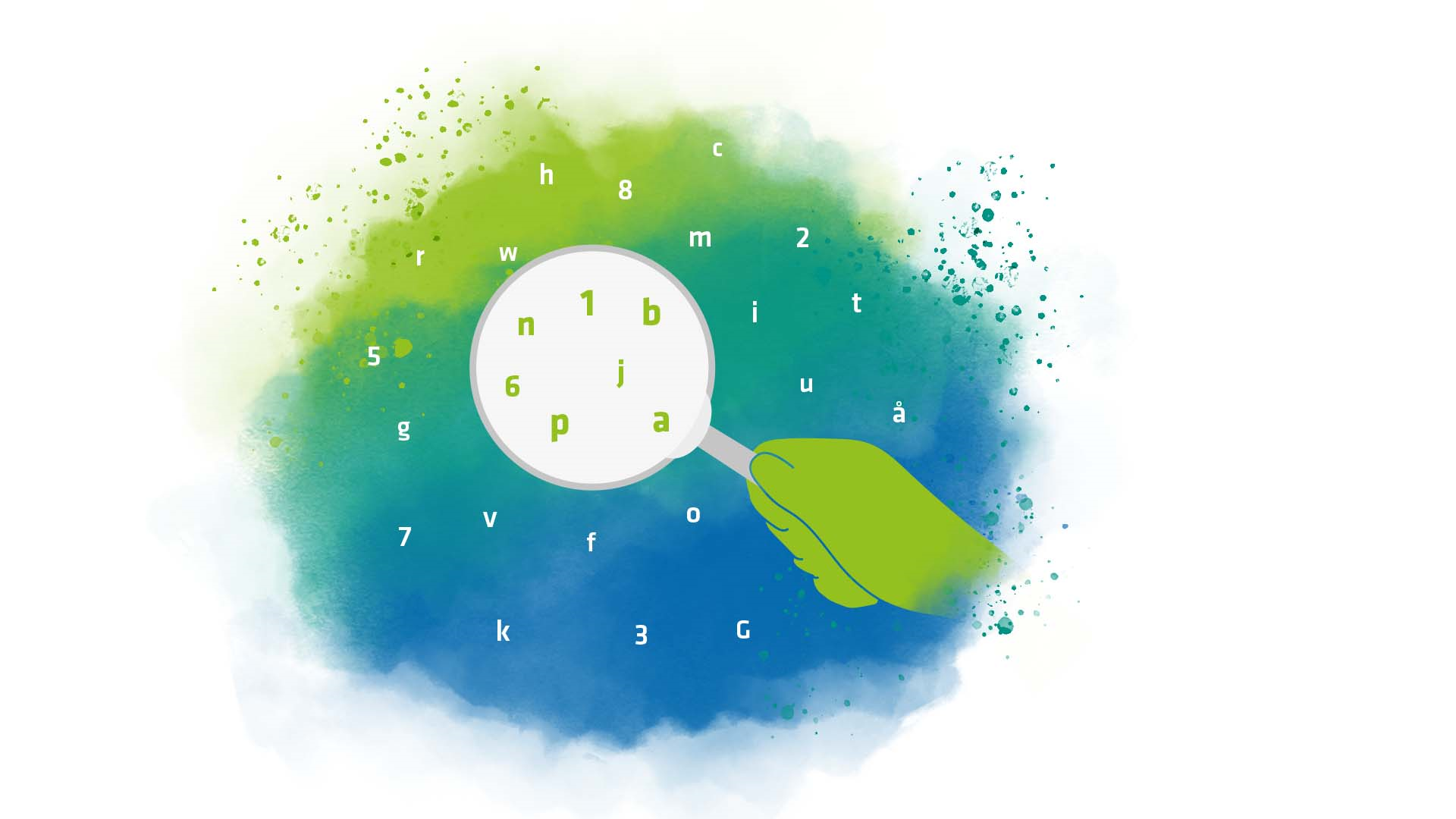 En bild som visar ett f&ouml;rstoringsglas som f&ouml;rstorar n&aring;gra siffror och bokst&auml;ver men inte andra. 