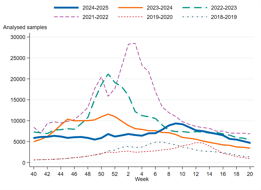 Highest testing 2024–2025 was seen week 9. Testing was lower and less variable the past two seasons. 