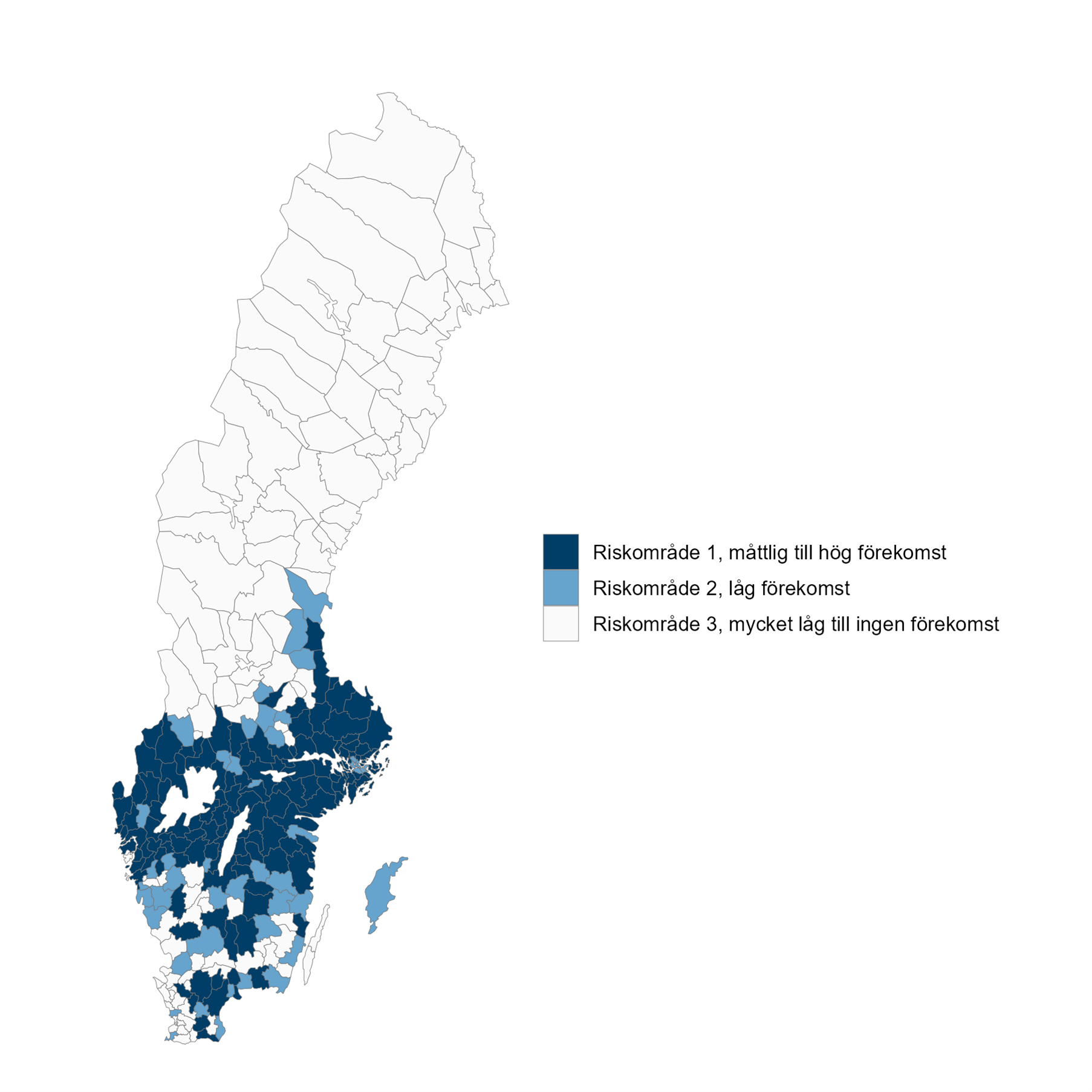 Mellan Dalälven och Vätterns södra spets till stor del riskområde 1. Söder om Vättern är ungefär hälften av ytan riskområde 2, resten 3.