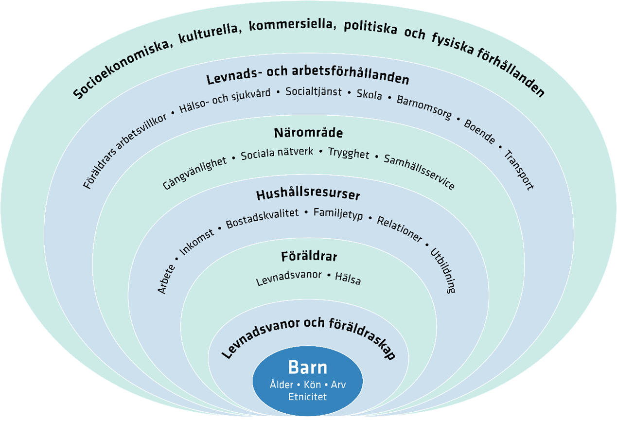 Modell f&ouml;r att f&ouml;rst&aring; best&auml;mningsfaktorer som p&aring;verkar barns h&auml;lsa och utveckling samt faktorer som vi inte kan p&aring;verka s&aring;som &aring;lder och arv men &auml;ven p&aring;verkbara faktorer.