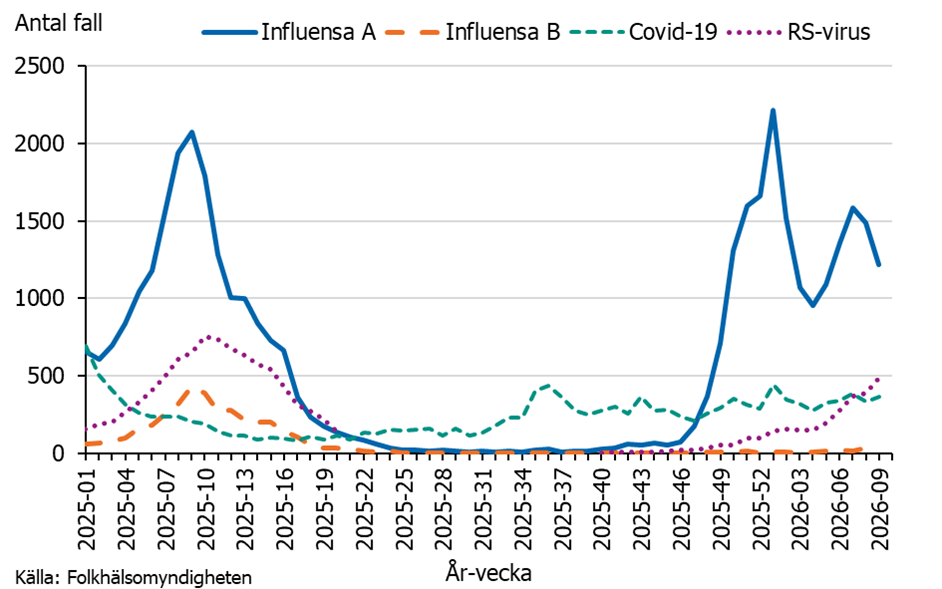 Flest fall hade influensa A under s&auml;songen 2025&ndash;2026 f&ouml;ljt av covid-19 och RS-virus.