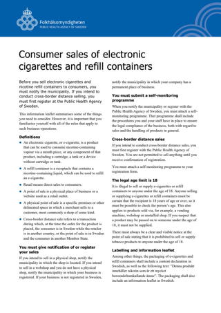 Consumer sales of electronic cigarettes and refill containers