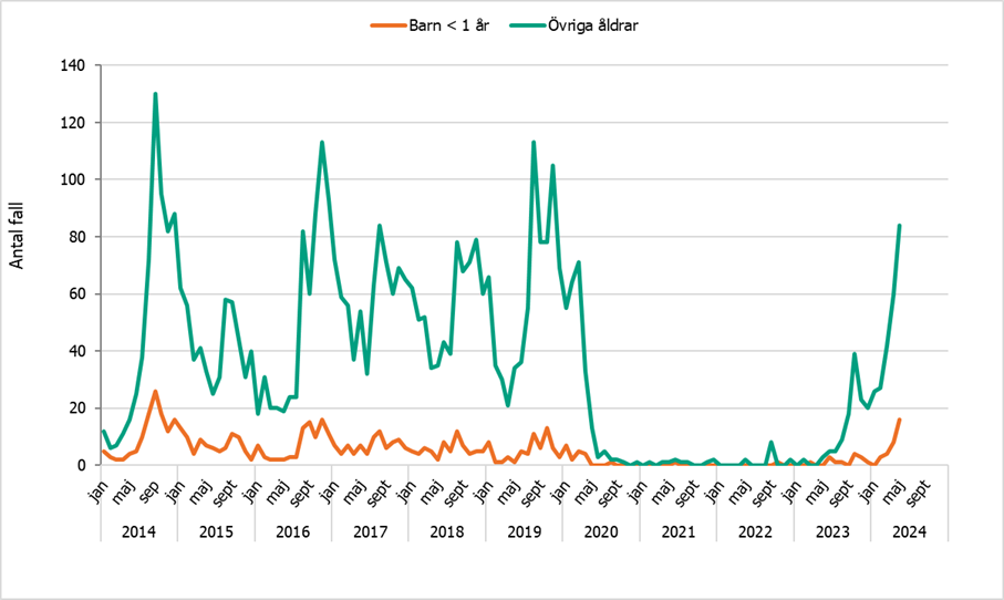 Antalet fall av kikhosta per m&aring;nad &ouml;kar b&aring;de bland barn yngre &auml;n 1 &aring;r och &ouml;vriga.