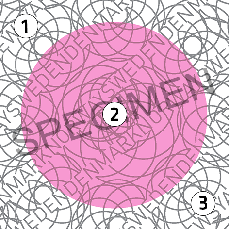 Äkthetsdetaljer på en säkerhetsmärkning med måtten 10x9 oxh 10x10 millimeter.