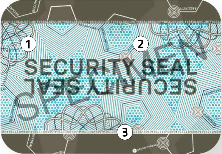 Äkthetsdetaljer på en säkerhetsmärkning med måtten 12x20 och 14x20 millimeter.