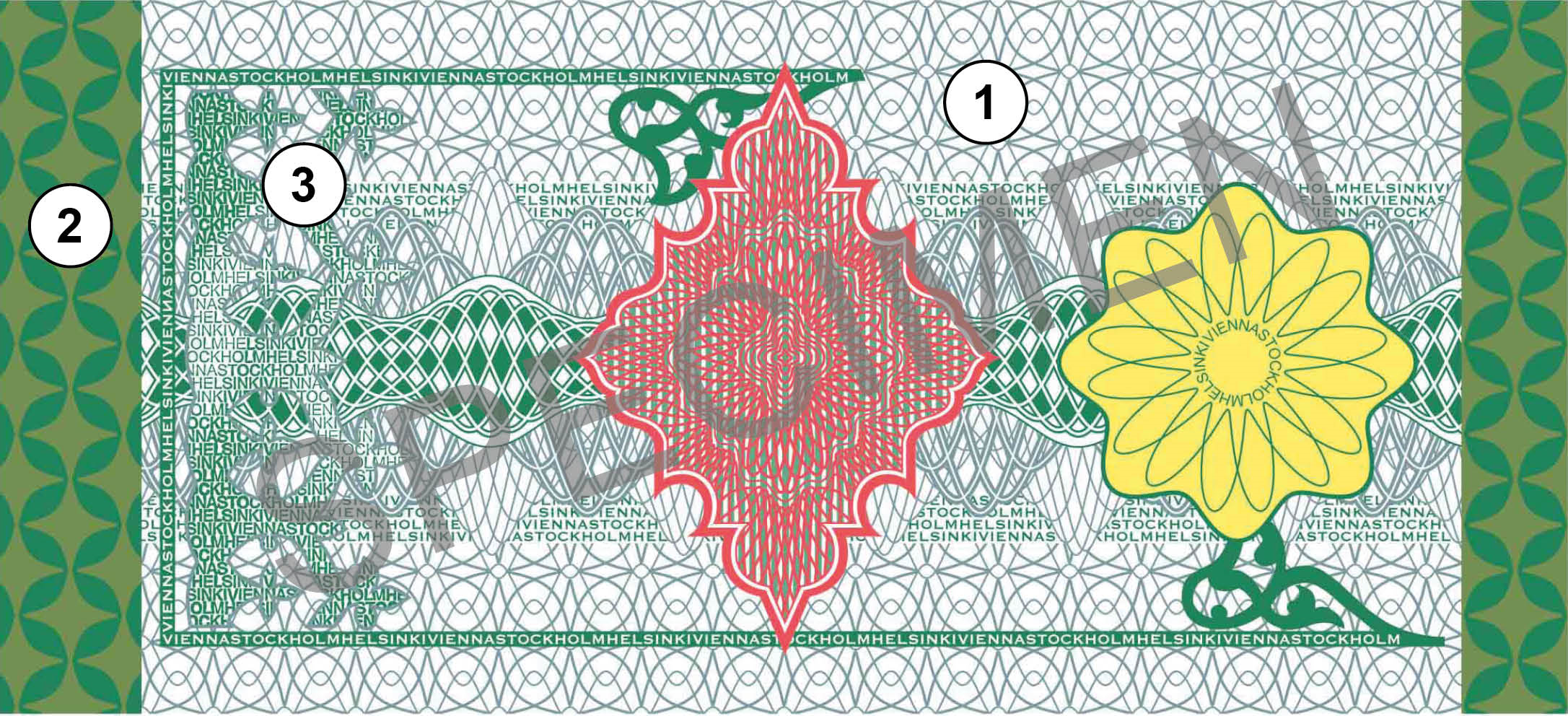 Äkthetsdetaljer på en säkerhetsmärkning med måtten 20x44 millimeter