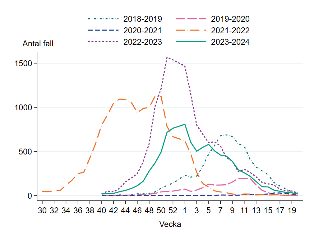 Säsongstoppen 2023-2024 inföll under samma veckor som föregående säsong, med ungefär hälften så många fall.