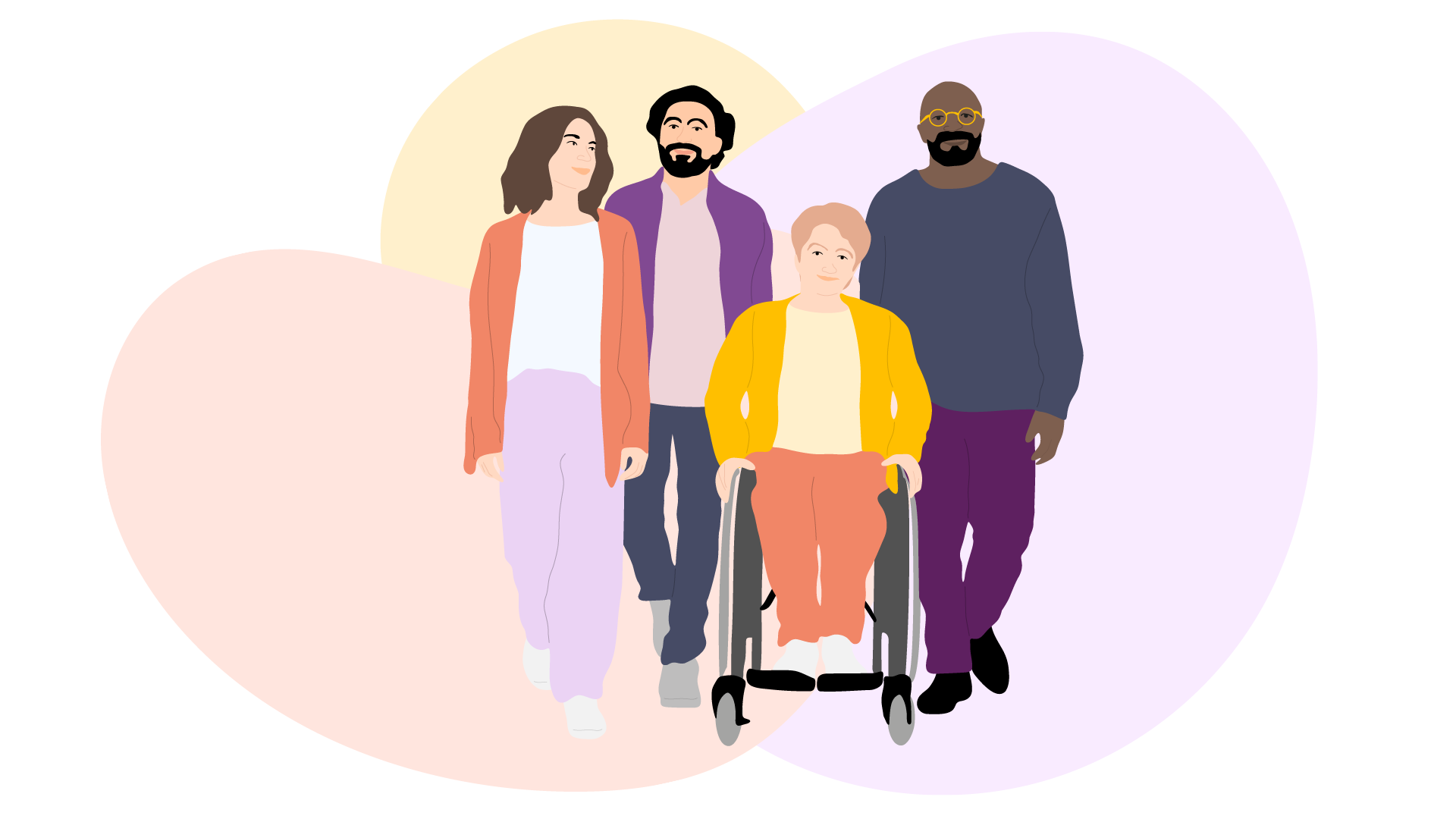 Teckning av en grupp m&auml;nniskor, en sitter i rullstol