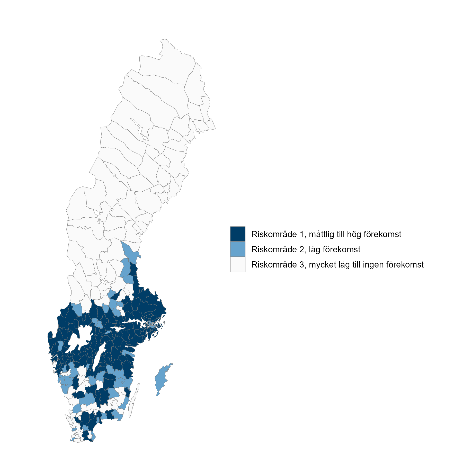 I Sverige finns TBE fr&auml;mst i G&ouml;taland och Svealand. F&ouml;rekomsten av TBE varierar mycket mellan olika omr&aring;den i mellersta och s&ouml;dra Sverige.