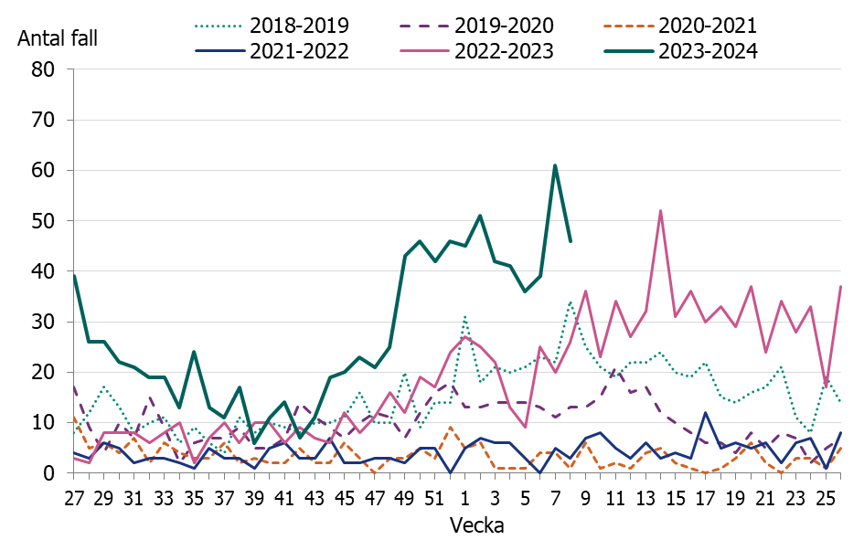 Linjediagrammet visar en tidig och kraftig &ouml;kning av iGAS fall i november och sedan december m&aring;nad har fallen legat p&aring; en konstant h&ouml;g niv&aring;.