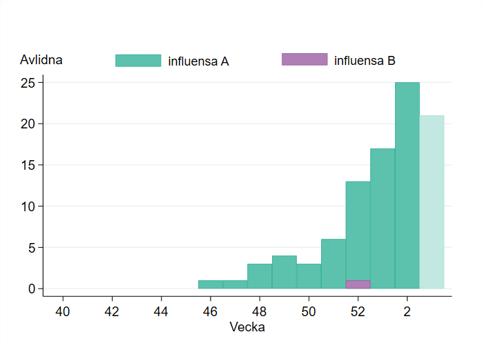 Antalet avlidna per vecka har ökat, tydligast från och med vecka 52.